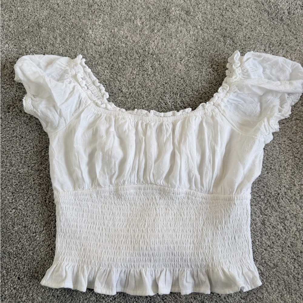 Hollister White smocked off-shoulder crop- top